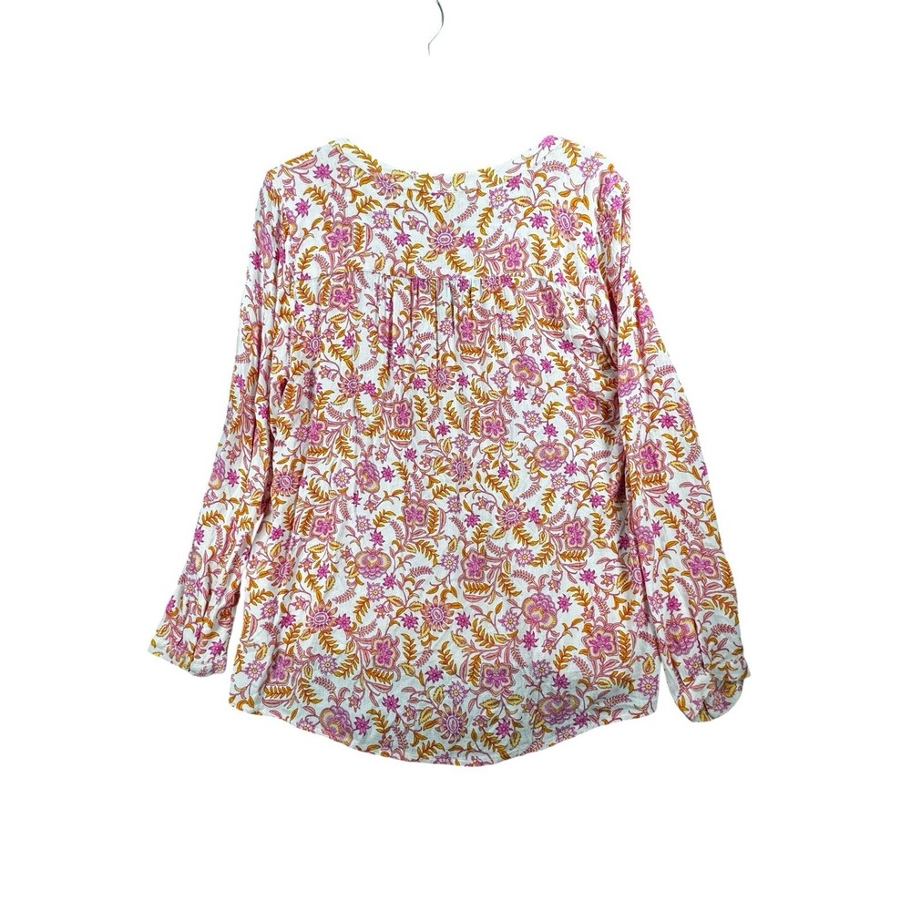 Lucky Brand Floral Boho Blouse Large Pink Orange Smocked Peasant Top LS - Picture 3 of 12